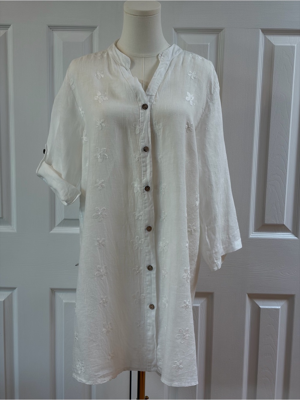 Rosemarine White Linen Mandarin Collar V-Neck Tunic/Dress/Cover Up Size L